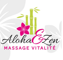 Logo for Aloha & Zen Massage Vitalité with green bamboo, a pink hibiscus flower, and pink script text.