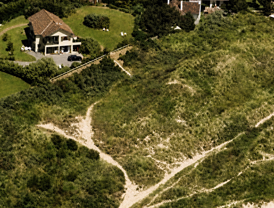 Cropped Main reviewed 2026 without red and cropped - riva-booking.com Aerial view of a two-story house with a driveway on a green hillside, with intersecting sandy trails through scrubby vegetation below.